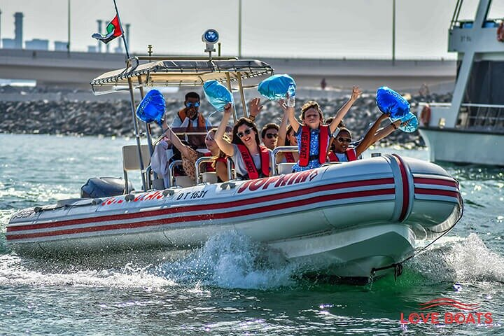 Experience Dubai's iconic landmarks from the water taking in breathtaking views of the Burj Al Arab and Palm Jumeirah while enjoying the excitement of a speed boat adventure.